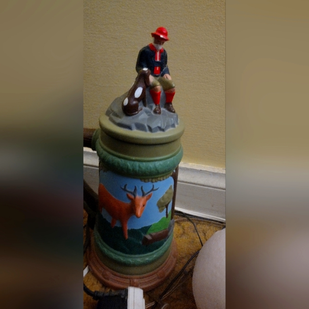 Colorful Vintage Beer Stein with Hunter and Deer- circa 197'0's